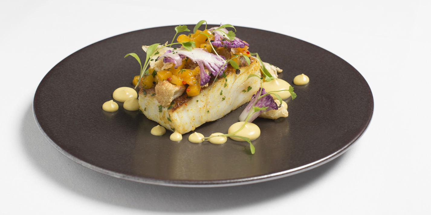 Spiced cod with curried cauliflower and mango