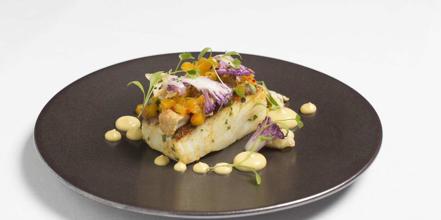 Spiced cod with curried cauliflower and mango