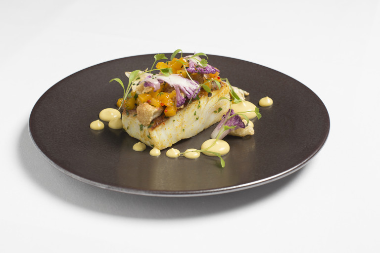 Spiced cod with curried cauliflower and mango