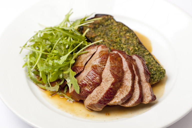 Rump of Welsh Lamb with baked aubergine and pesto