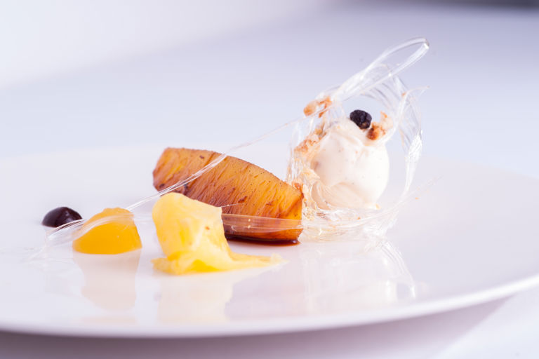 Vanilla and rum infused pineapple, pineapple jelly, Eccles cake ice cream