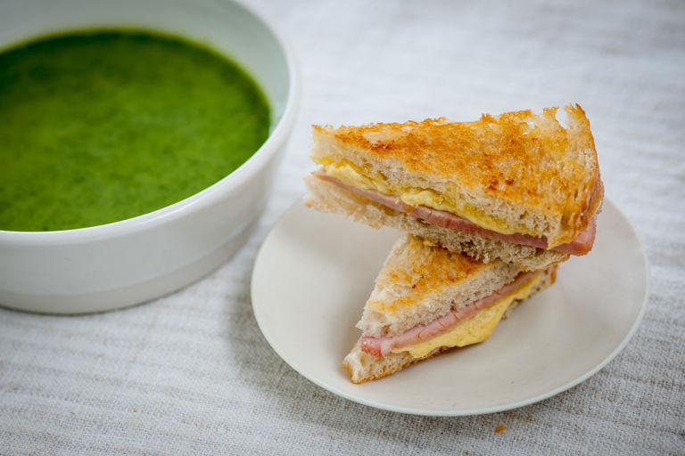 Watercress soup with cheddar toasties