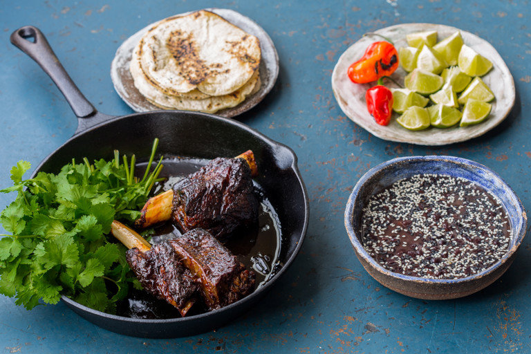 Beef short rib birria, black beans, chipotle jus