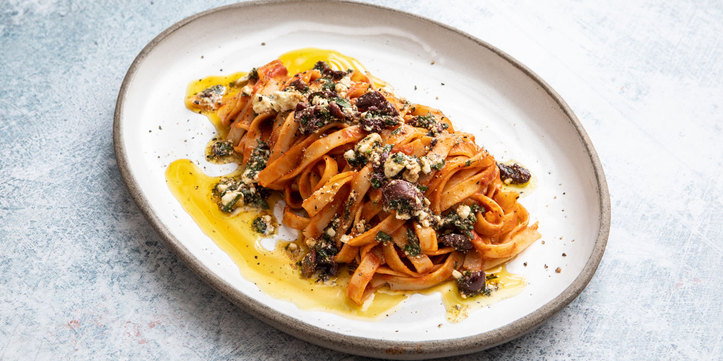 Tagliatelle, Harissa and Basil Passata, Feta and Black Olive Salsa Recipe - Great British Chefs-image