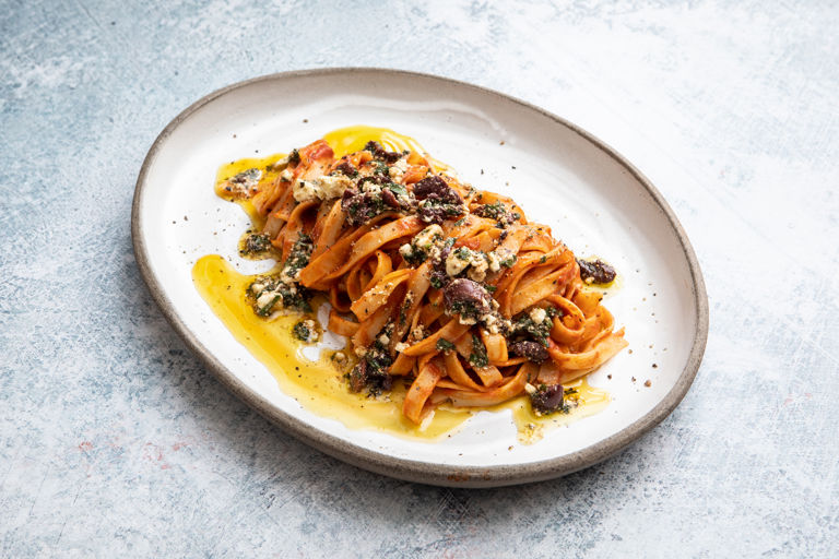 Tagliatelle, harissa and basil passata, feta and black olive salsa