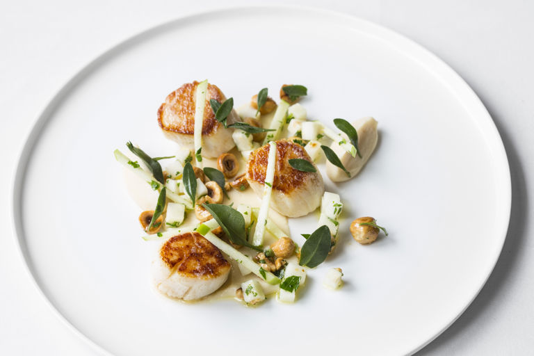 Scallops with baked and puréed celeriac, apple and hazelnuts