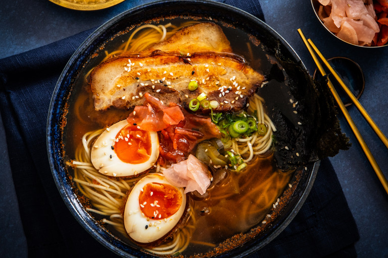 Easy ramen with chashu pork and soy-marinated eggs