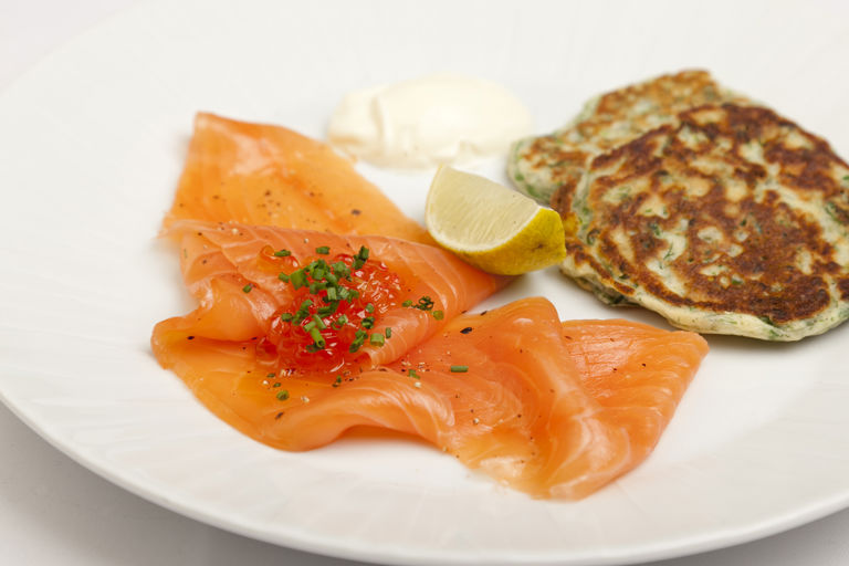 Smoked salmon with chard and dill pancakes