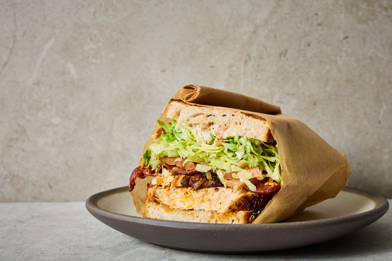 Cajun chicken and honey-glazed bacon sandwich