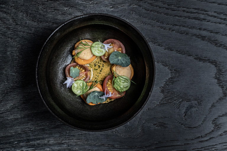 Sauci yohoss with blue mussels and Isle of Wight tomatoes