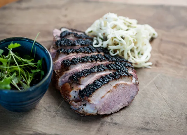 Barbecued Gressingham duck breast with white coleslaw