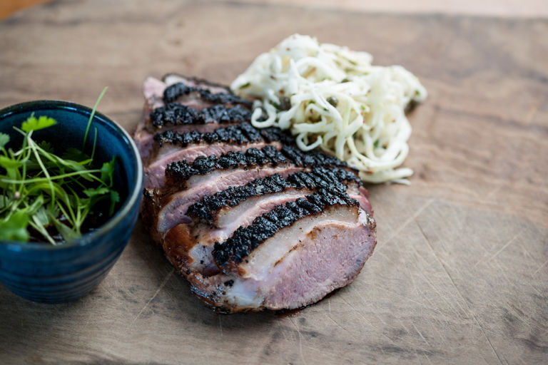 Barbecued Gressingham duck breast with white coleslaw