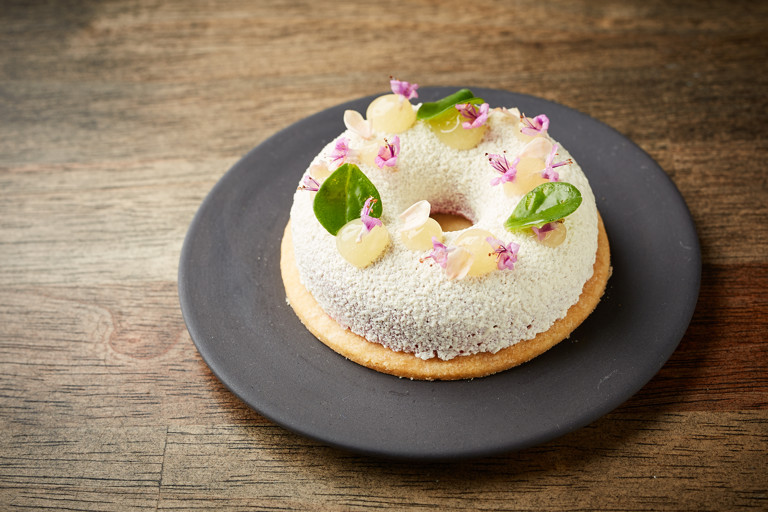 Raspberry crémeux with yuzu gel and vanilla sablé 