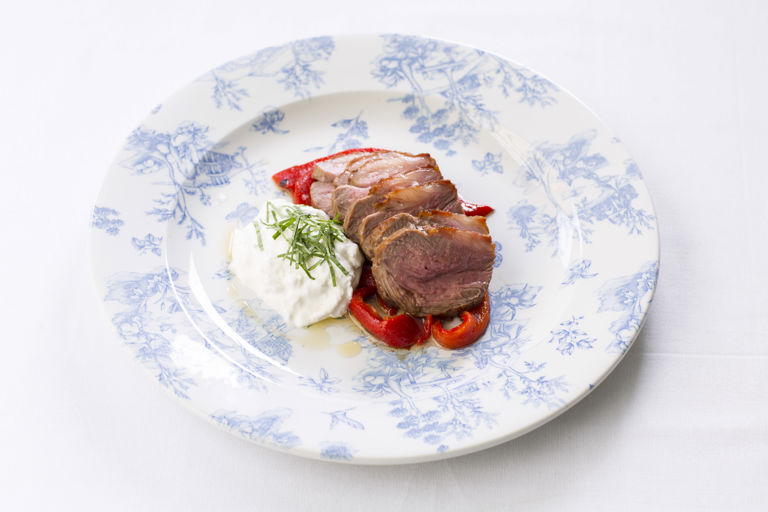 Saddle of lamb with burrata and marinated Romano peppers