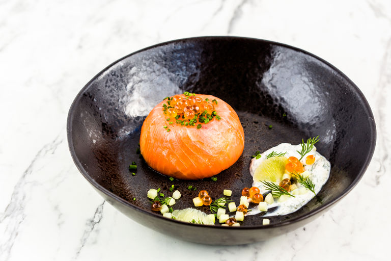 Smoked salmon mousse with crème fraîche, lime and dill