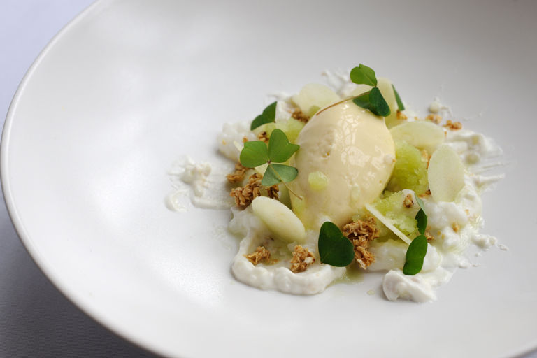 Goat’s curd mousse, tapioca, oat crunch, and Granny Smith apple