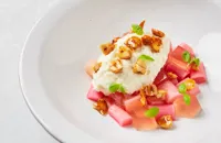  Rhubarb with cheesecake mousse and candied hazelnuts