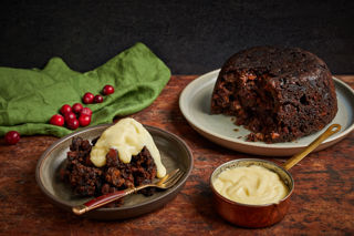 Christmas black pudding with sherry custard