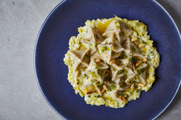 Ricotta manti with creamy yoghurt leeks and green chilli butter