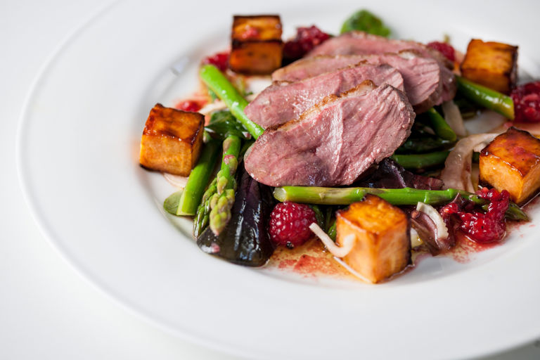 Duck breast salad with asparagus, sweet potato, pickled fennel and raspberry vinaigrette