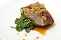 Slow-roast pork belly with green pepper relish