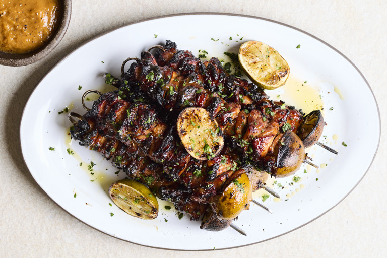 Adobo chicken skewers with banana ketchup