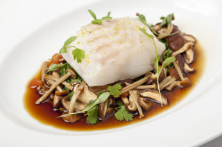 Poached cod with an Asian broth