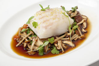 Poached cod with an Asian broth