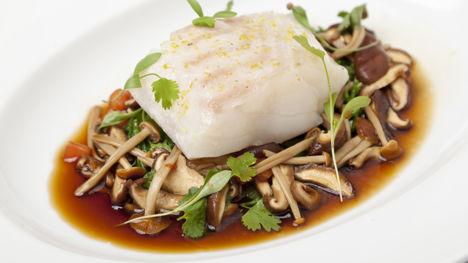 Poached cod with an Asian broth