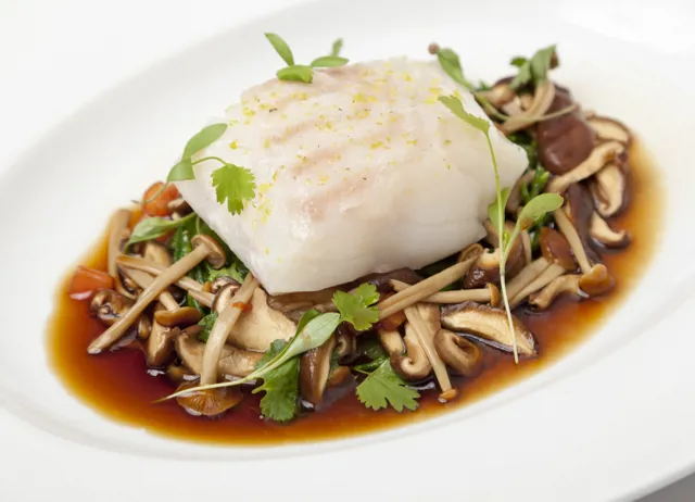 Poached cod with an Asian broth