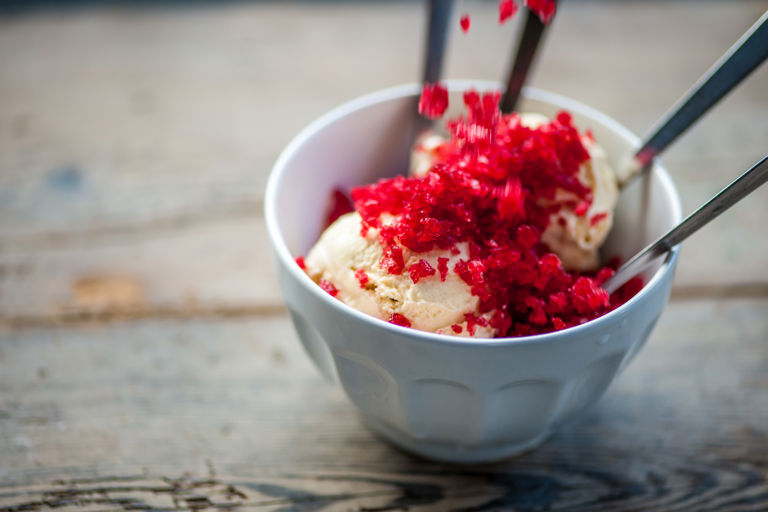 Red ice, raspberries and vanilla ice cream
