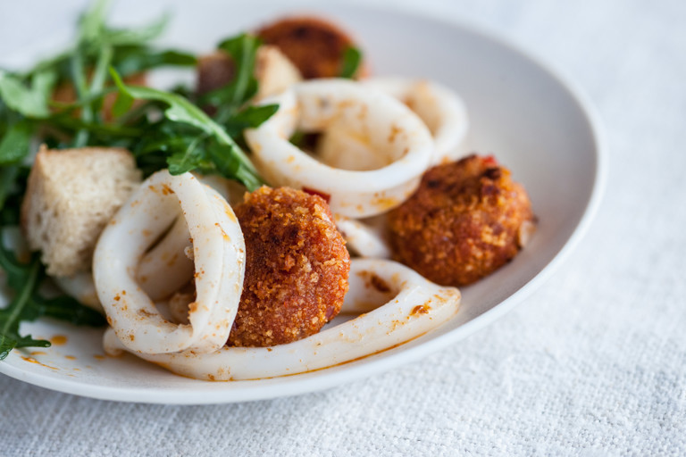 Squid salad with 'nduja and crème fraîche