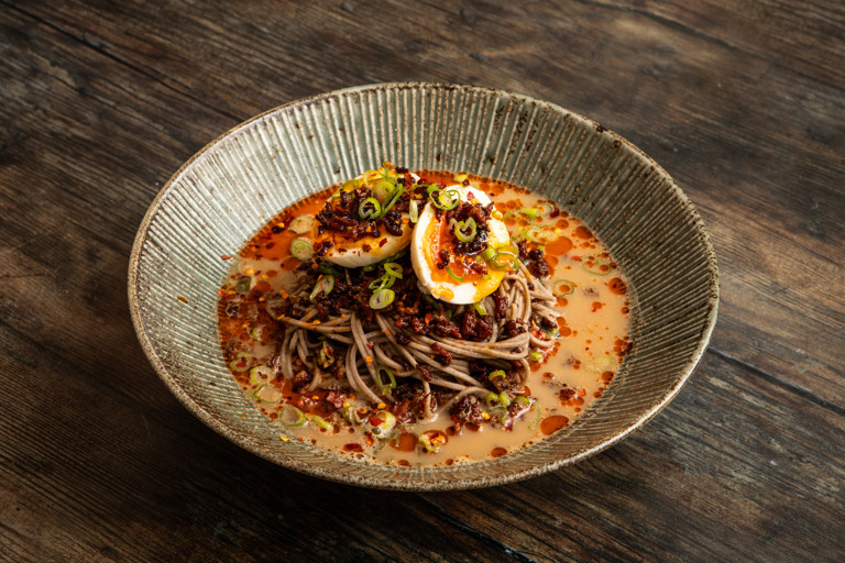 Creamy miso soba noodles with fried pork