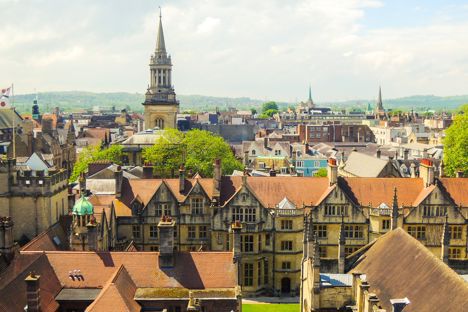 A photo of the old Tudor buildings in Oxford and its skyline