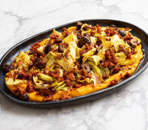 Roasted cabbage with squash, chorizo, chestnuts and hot honey dressing 
