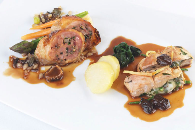 Ballotine and stuffed breast of guinea fowl with a pistou of vegetables and mixed grains