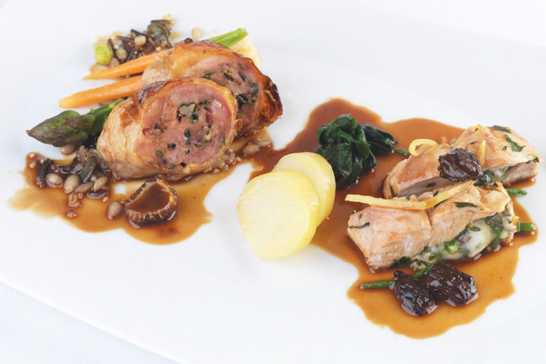 Ballotine and stuffed breast of guinea fowl with a pistou of vegetables and mixed grains