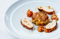 Chargrilled chilli chicken breast with Jersey Royals and romesco cakes