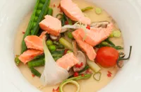 Poached Fjord Trout in asparagus, garlic and ginger broth