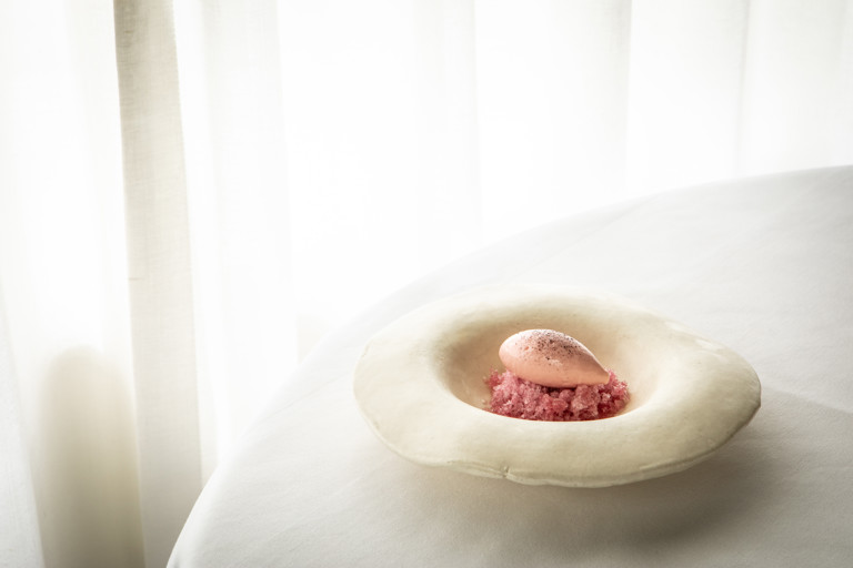 Rhubarb sorbet with red shiso granita and frozen marshmallow meringue