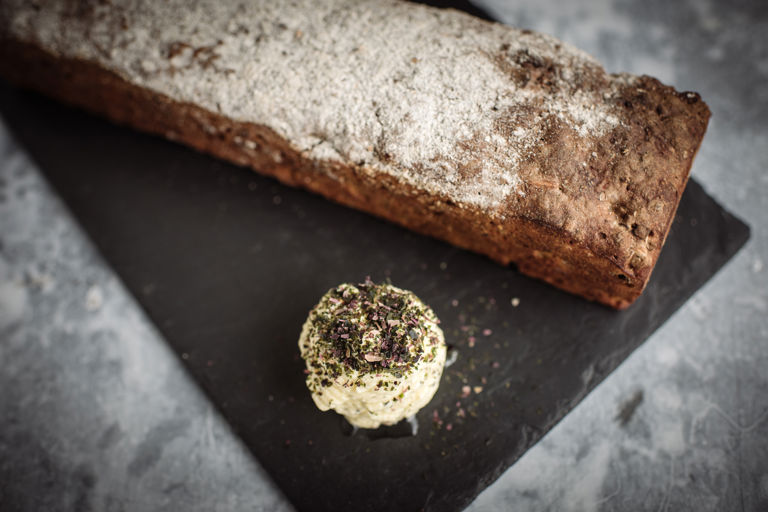 Skye black ale, rye and seed loaf with seaweed butter