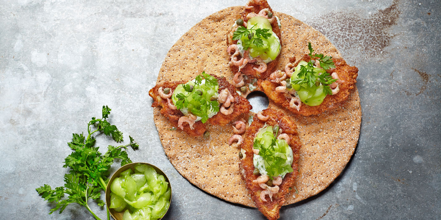 Crispy Plaice and Pickled Cucumber Crispbread Recipe - Great British Chefs