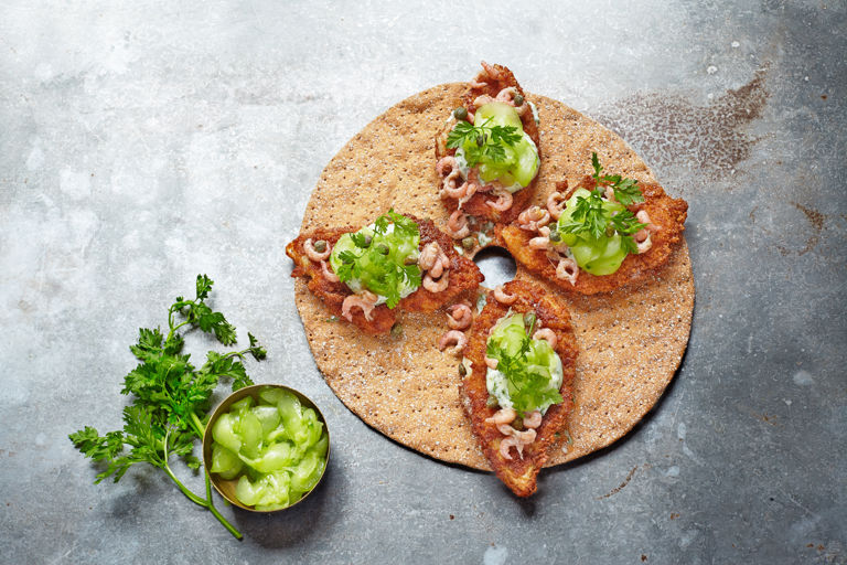 Crispy plaice, pickled cucumber and brown shrimp crispbread