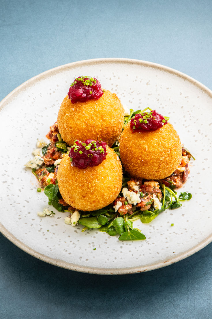 Stilton and Pear Arancini with Cranberry Ketchup and Watercress