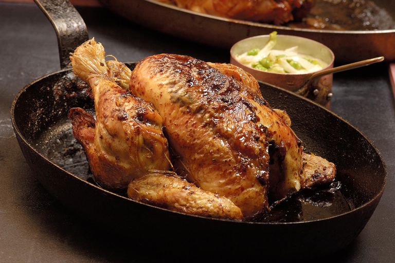 Herb roasted chicken with buttered peas, lettuce and bay leaf
