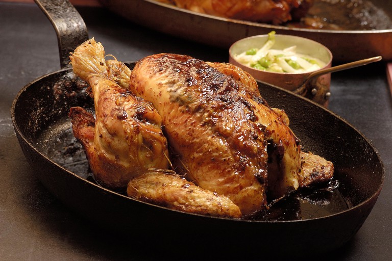Herb roasted chicken with buttered peas, lettuce and bay leaf