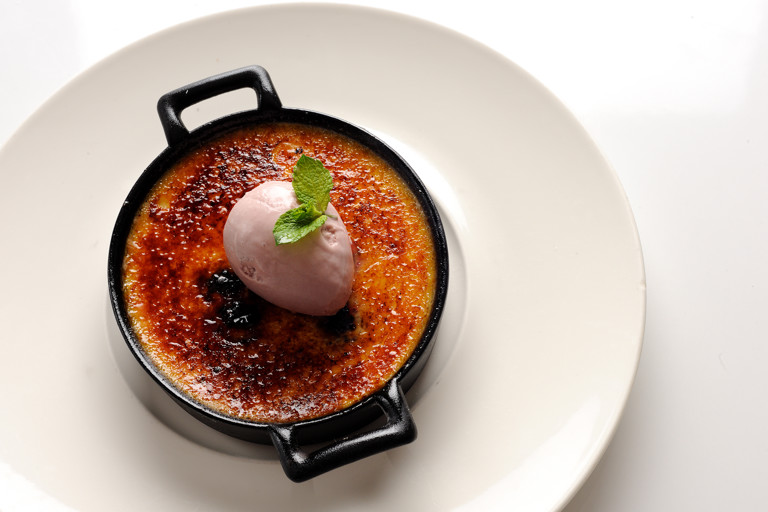 Brandy poached raspberry and mascarpone crème brûlée