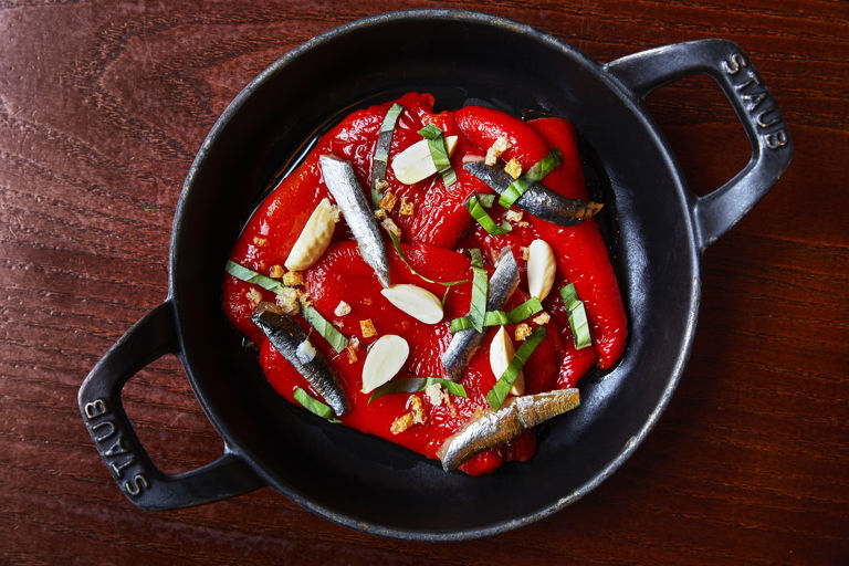 Roast red peppers, smoked anchovy and hazelnuts