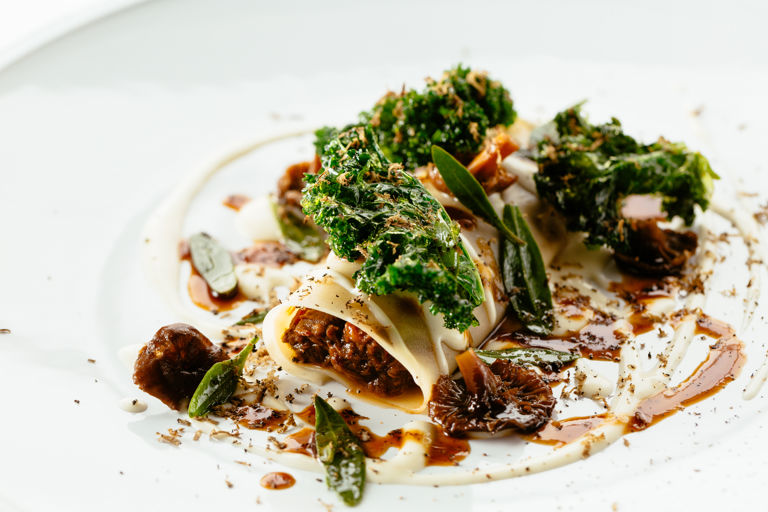 Venison cannelloni with kale, Parmesan and wild mushrooms