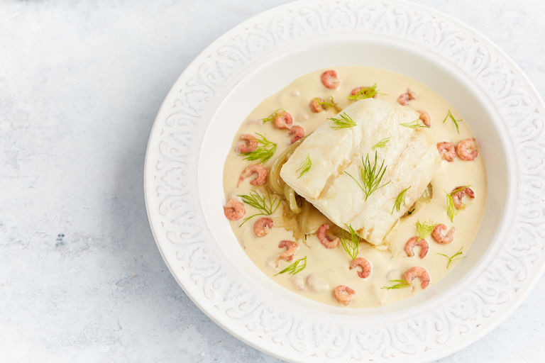 Brown butter-baked haddock with braised fennel, fennel velouté and brown shrimp
